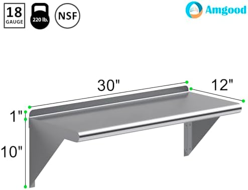 AmGood 12 in. x 30 in. Stainless Steel Wall Shelf with Backsplash - Holds 220 lbs - NSF 18-Gauge, Bullnose Edge | Commercial Air Fryer & Appliance Shelf - Image 3