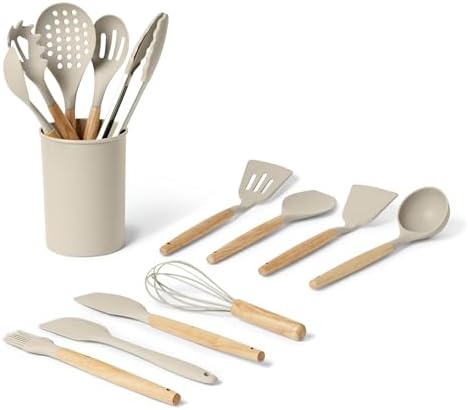 Amazon Basics Kitchen Utensils Set, 14-Piece Silicone Cooking Utensils with Wooden Handles, BPA-Free, Utensil Holder Included, Linen Gray by AmazonBasics
