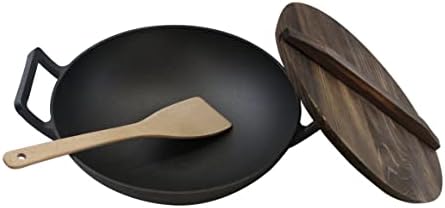 Cast Iron， Pre-Seasoned Wok 14.5" with Wood Spatula and Lid by HomeVSS