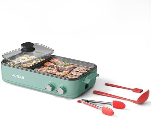 AORAN Electric Hot Pot with Grill, 2-in-1 Indoor Non-Stick Pot for Korean BBQ, Shabu Shabu & Noodles, Dual Temperature Control, Quick Heating with Bonus Accessories Green by aoran+kitchen