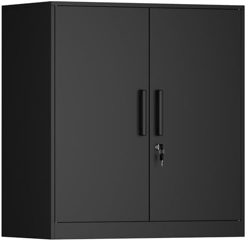 IRONFFICE Metal Wall Cabinet,Garage Cabinet with Handle,Lockable Storage Cabinets Wall Mounted with 2 Doors,Locking Cabinet with Shelves for Basement,Office,Living Home,Black by IRONFFICE