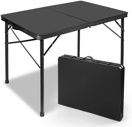 E EASTSTORM 35 inch Folding Table for 4 Person, Heavy-Duty Metal Tabletop, 2 Adjustable Height Camping Table, Portable Outdoor Table with Carrying Handle,for Patio, Picnic, Parties, BBQs, Black by EEASTSTORM