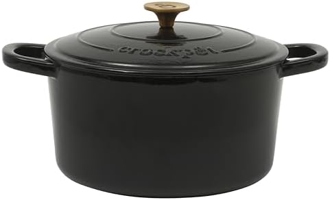 Crock Pot Artisan 7-Quart Round Cast Iron Dutch Oven with Lid – Black Enamel Finish, Gold Knob, Durable Heavy-Duty Cookware for Slow Cooking, Baking, and Roasting by Crock-PotBrand