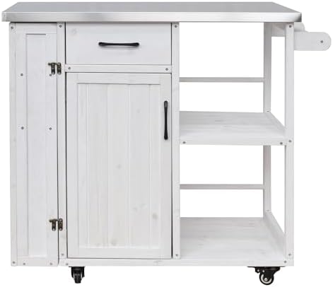 Outdoor Kitchen Island Cart with Stainless Steel Top, Rolling Grill Table with Storage Cabinet Drawer Shelves and Towel Rack, Wooden BBQ Prep Station with Lockable Wheels for Patio Backyard, White - Image 5