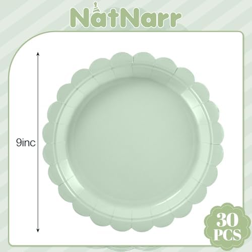 NatNarr 30 Pcs Sage Green Paper Plates 9 Inch Disposable Scalloped Wedding Plates Cute Dessert Cake Plate Party Dinner Plate for Bridal Baby Shower Engagement Reception Birthday (Pack of 3) - Image 2