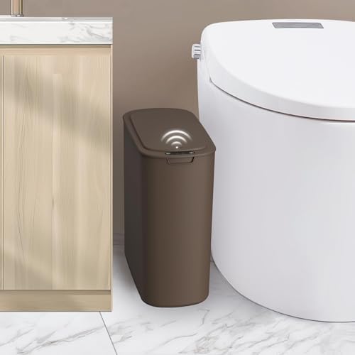 Cesun Automatic Motion Sensor Bathroom Trash Can with Lid, 2.6 Gallon Touchless Trash Bin, Smart Plastic Slim Garbage Can Small Brown Wastebasket for Toilet, Office, rv, Bedroom, Living Room by Cesun