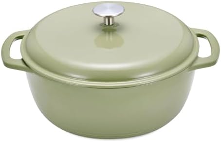 Amazon Basics Enameled Cast Iron Dutch Oven Pot With Lid, 4.3-Quart, Round, Dual Handles, Heavy-Duty, Oven Safe for Stews, Roasting & Baking, Olive by AmazonBasics