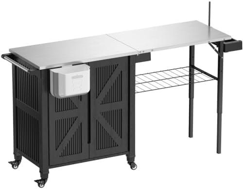 Outdoor Grill Cart with Storage Cabinet, 2-in-1 BBQ Prep Table with Foldable Side Shelf, Stainless Steel Top, Paper Towel Holder, Trash Bag Holder & Locking Wheels for Patio by Unknown