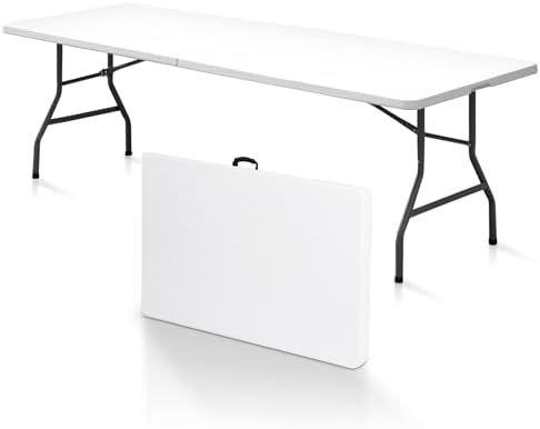 SUPER DEAL 8FT Folding Picnic Table for Indoor Outdoor, Portable Fold-in-Half Plastic Dining Camping Party Table with Carrying Handle by Superdeal