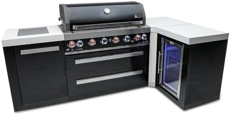 Mont Alpi 94"W x 50"D Black Stainless Steel L-shaped Modular Outdoor Kitchen Island + Infrared Side Burner + Refrigerator + 44"W 6-Burner BBQ Grill + Granite Countertops + Storage Cabinets & Drawers by MontAlpi