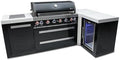 Mont Alpi 94"W x 50"D Black Stainless Steel L-shaped Modular Outdoor Kitchen Island + Infrared Side Burner + Refrigerator + 44"W 6-Burner BBQ Grill + Granite Countertops + Storage Cabinets & Drawers by MontAlpi