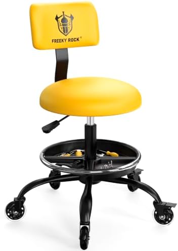 Rolling Shop Stool with Wheels, Garage Stool Chair, Yellow by FREEKYROCK