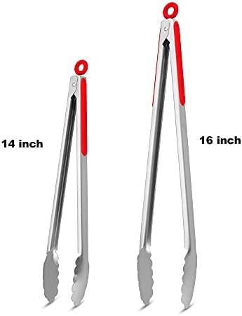 304 Stainless Steel Kitchen Cooking Tongs, 14 & 16 Inch, Set of 2, Red - Image 4