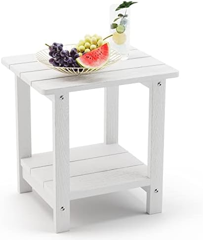 LUE BONA Outdoor Side Table, 2-Tier HDPS Small Patio Table, White by LUEBONA