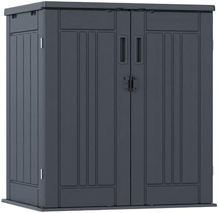 Outdoor Storage Cabinet with 2 Shelves, Waterproof Resin Vertical Tool Shed, Lockable 15 cu. ft. Storage Shed for Patio, Garden, Yard, Grey by ZYJOYY