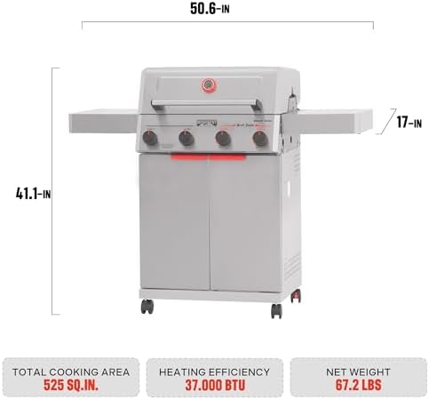 Monument Grills 4 Burner Stainless Steel Propane Gas Grill M2, 500°F in 5 Mins, 525 sq.in, 37,000 BTU, with Broil Zone, Foldable Side Shelves, Knob Controls, Built in Thermometer, with Cooking Plate - Image 3