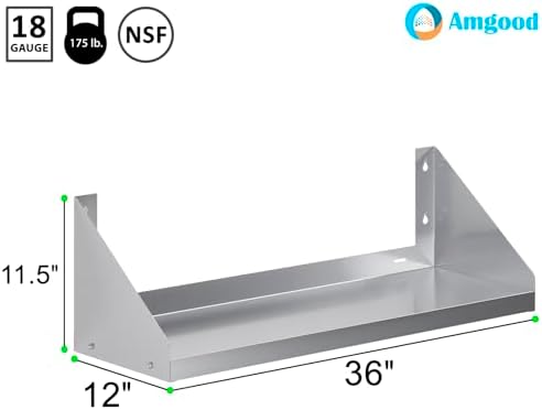 AmGood 36 Long X 12" Deep Stainless Steel Wall Shelf with Side Guards | NSF Certified | Appliance & Equipment Metal Shelving | Kitchen, Restaurant, Garage, Laundry, Utility Room - Image 3