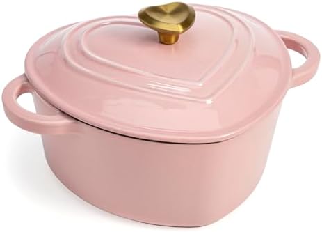 Paris Hilton Enameled Cast Iron Dutch Oven Pot with Lid, Heart-Shaped Dutch Oven, Durable Cast Iron Pot with Dual Handles, Oven Safe to 500°F, Works on All Stovetops, 2-Quart, Pink by TheWorldofParisHilton
