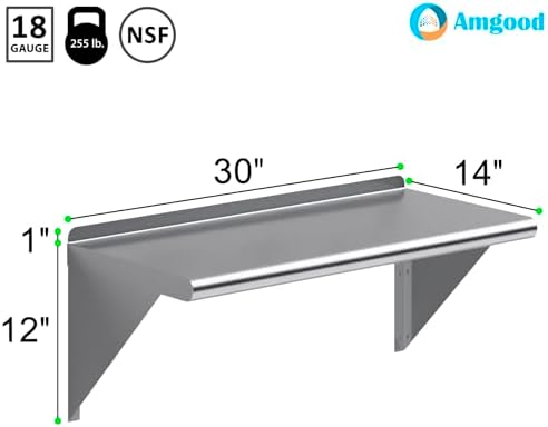 AmGood 14 in. x 30 in. Stainless Steel Wall Shelf with Backsplash - Holds 255 lbs - NSF 18-Gauge, Bullnose Edge | Commercial Microwave Shelf - Image 3