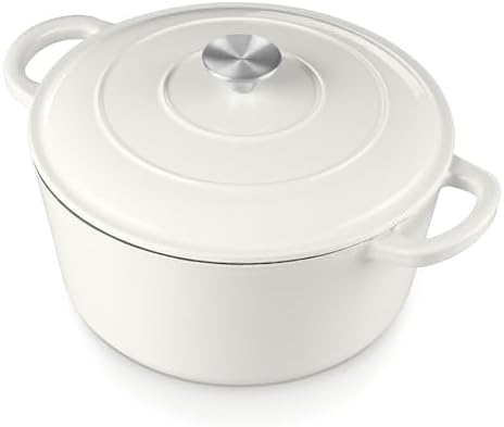 E-far 6 Quart Dutch Oven, Enameled Cast Iron Dutch Oven Pot with Lid, Nonstick Round Cookware for Braising/Stews/Roasting/Bread Baking/Cooking, Heavy Duty, Induction & Oven Safe - White by E-far