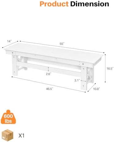 HDPE Outdoor Bench, 55" Patio Bench Outdoor Furniture, Poly Lumber Adirondack Benches, All Weather HDPE Patio Backless Benches for Park, Poolside, Garden, Porch, Pearl - Image 5