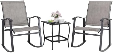 Shintenchi 3 Piece Rocking Bistro Set, Outdoor Furniture with Rocker Chairs and Glass Coffee Table Balcony, Porch Furniture for Small Space, Gray by Shintenchi%7CFurnitureMadeforRealLife