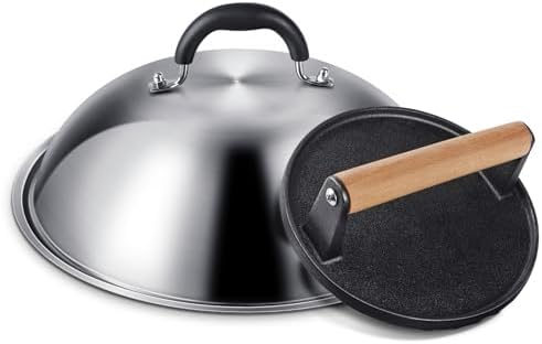 Griddle Accessories for Blackstone, Commercial Grade 12 Inch Heavy Duty Round Melting Dome with 7" Round Cast Iron Grill Burger Bacon Press, Perfect for Blackstone Camp Chef Flat Top Griddle Grill by EWFEN