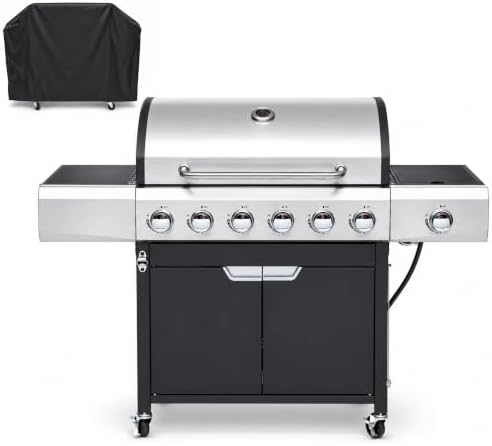 Endark 6-Burner Propane Gas Grill with Side Burner – 68,500 BTU Stainless Steel Outdoor BBQ, Cast Iron Coated Grates, Rolling Wheels & Cover for Patio, Backyard, Garden by ENDARK