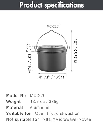 CAMPINGMOON 2.6L Hanging Pot Lightweight Aluminum Hard Anodized Campfire Cooking Pot with Foldable Handle, Compact Outdoor Camping Cookware, Small Size MC-220 - Image 5