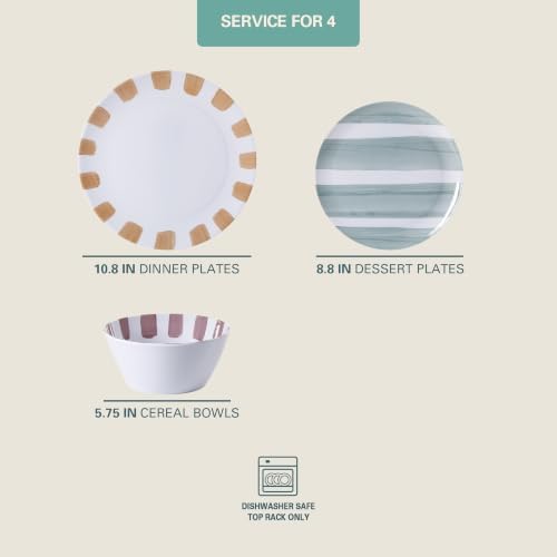 Gibson Home Cottage Stripes 12-Piece Melamine Plates and Bowls Dinnerware Set - Outdoor, Camping, & Everyday Use - Assorted Colors - Image 2