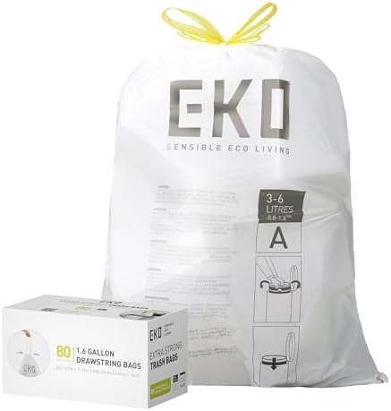 EKO 1.6 Gallon / 3-6 Liter, 80 Count Small Drawstring Trash Bags, Extra-Strong Unscented Garbage Bags, Easy-Dispense Roll for Kitchen & Household Use, Resists Tears, Leaks and Punctures, Code A, White by Unknown