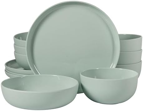 Gibson Home Candy Skies 12 Piece Unbreakable Wheat Straw Melamine Plates and Bowls Dinnerware Set - Outdoor, Camping, & Everyday Use - Matte Exterior/Shiny Interior Green by GibsonHomewares