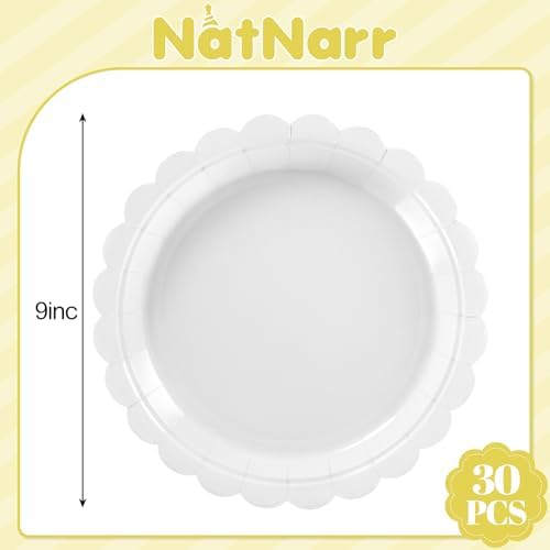 NatNarr 30 Pcs White Scalloped Plates, 9" White Dinner Dessert Paper Plates - Image 2