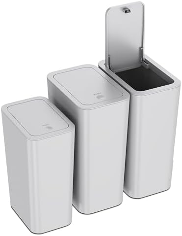 N. NETDOT 3 Pack (2 of 4 Gal & 1 of 2.6 Gal) Small Trash Can with Lid,Bathroom Garbage Can with Pop-Up Lid,Waste Basket for Bathroom,Kitchen,Bedroom,Powder Room,Craft Room,Office,College (Gray) by NNETDOT