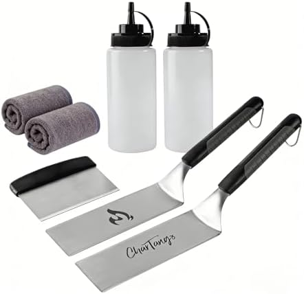 7-Piece Blackstone Griddle Accessories Kit, Stainless Steel Flat Top Grill Tools with Smash Burger Spatulas, Scraper, Squeeze Bottles & Towels, BBQ Gift for Men by CharTango