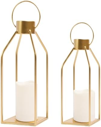HPC Decor Modern Farmhouse Lantern Decor- Gold Metal Candle Lanterns for Christmas- Lanterns Decorative w/Timer Flickering Candles for Living Room, Home, Indoor, Outdoor, Table,Fireplace Mantle Decor by HPCDECOR