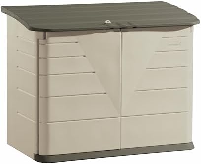 Rubbermaid Large Horizontal Resin Outdoor Storage Shed With Floor (5 x 4 Ft) Weather Resistant, Beige/Brown, Organization for Home/Backyard/Pool Chemicals/Toys/Garden Tools/Porch/Patio Cushions by Rubbermaid