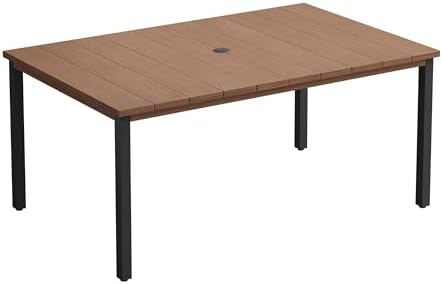 Outdoor Dining Table for 6, 63" Rectangle Outdoor Table with Adjustable Umbrella Hole, All-Weather Metal Patio Dining Table for Lawn Garden Backyard Deck, Walnut - Image 7