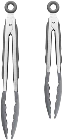 Tovolo Stainless Steel Tongs with Silicone Tip Set 9" 12" with Easy Lock Mechanism for Grilling Air Fryer Cooking Serving Salad, Heat Resistant Silicone Tipped Kitchen Tongs Charcoal Gray by Tovolo