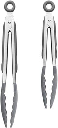 Tovolo Stainless Steel Tongs with Silicone Tip Set 9" 12" with Easy Lock Mechanism for Grilling Air Fryer Cooking Serving Salad, Heat Resistant Silicone Tipped Kitchen Tongs Charcoal Gray by Tovolo