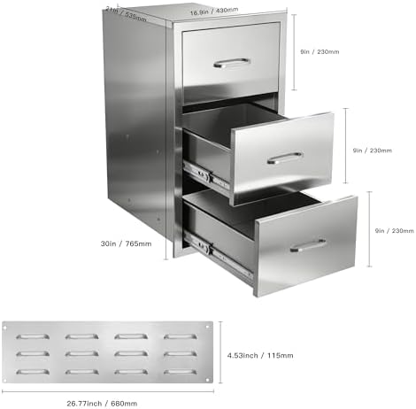 Outdoor Kitchen Drawers, 3-Drawer 304 Stainless Steel BBQ Storage Cabinet with Paper Towel Holder, Flush-Mount Drawer Cabinet for Grill Station, Patio Kitchen, RV and BBQ Island, 17"W x 30"H x 21"D - Image 2