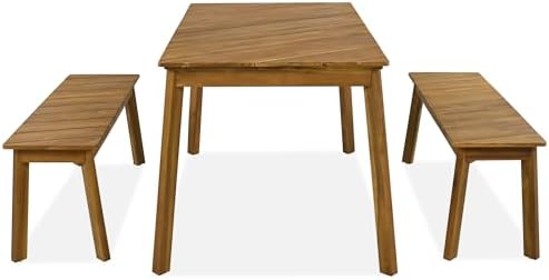 Harper & Bright Designs GO 3 Pieces Acacia Wood Table Bench Dining Set for Outdoor & Indoor Furniture with 2 Benches, Picnic Beer Table for Patio, Porch, Garden, Poolside, Natural - Image 7