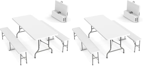 VINGLI Picnic Table Set with 2 Benches, 6 Feet Camping Table Chair Set,3-Piece Folding Furniture for Indoor or Outdoor Use, Smooth Tabletop, White (Pack of 2) by VINGLI