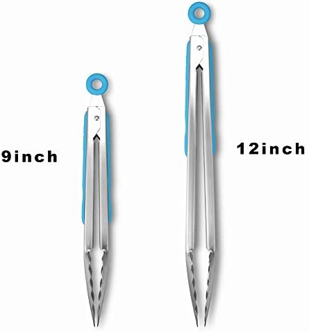 Premium 304 Stainless Steel Tongs Set – 12" Grill Tongs & 9" Cooking Tongs, Heat Resistant up to 600°F, Wavy Grip Head, Non‑Slip Handle with Locking Clip & Hanging Loop, Dishwasher Safe, Blue - Image 3