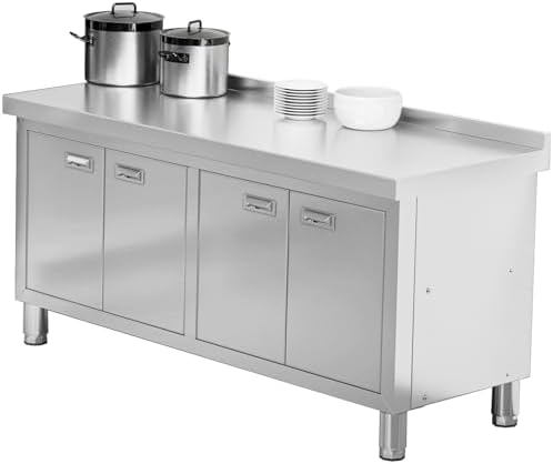 WWK 59" x 21" Stainless Steel Prep Table with Cabinet, Commercial Kitchen Table for Prep & Work, Heavy Duty Work Table with 4 Doors for Kitchen, Restaurant, Hotel, Garage and Cafe by WWK