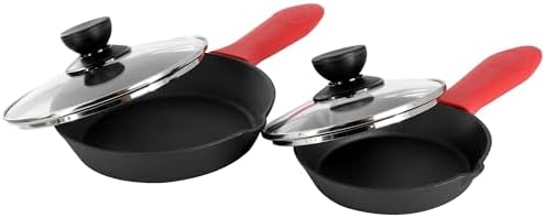 MegaChef 13 Piece Pre-Seasoned Cast Iron Skillet Set with Temperd Glass Lids and Silicone Holders - Image 4