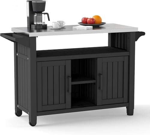 EasyUp Outdoor Storage Cabinet,Patio Storage Table, Bar Table with Wheels,Outdoor Bar Cart for Patio, Poolside and Backyard,Classic Black by EASYUP