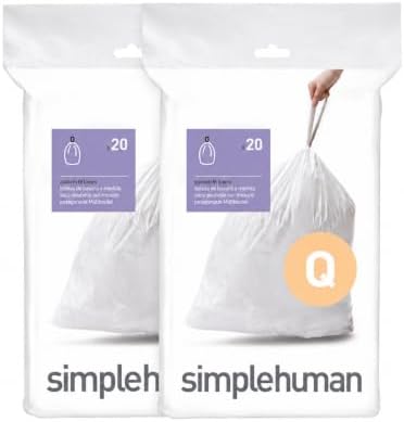 simplehuman Code Q 40 Count, Dispenser Pack Custom Fit Liners, Drawstring Trash Bags, 50-65 Liter / 13-17 Gallon, White by Simplehuman