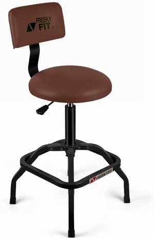 Shop Stool with Backrest, Mechanic Garage Stool for Workshop, Adjustable Shop Stools Chair, Padded Workbench Stools for Men Women, 300 LBS Capacity, 360° Swivel PVC Seat, Heavy Duty, Brown by FreekyFit