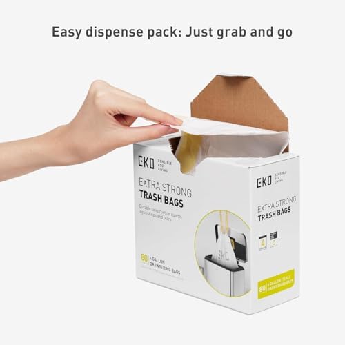 EKO 4 Gallon / 10-15 Liter, 80 Count Small Drawstring Trash Bags, Extra-Strong Unscented Garbage Bags, Easy-Dispense Roll for Kitchen & Household Use, Resists Tears, Leaks and Punctures, Code C, White - Image 2